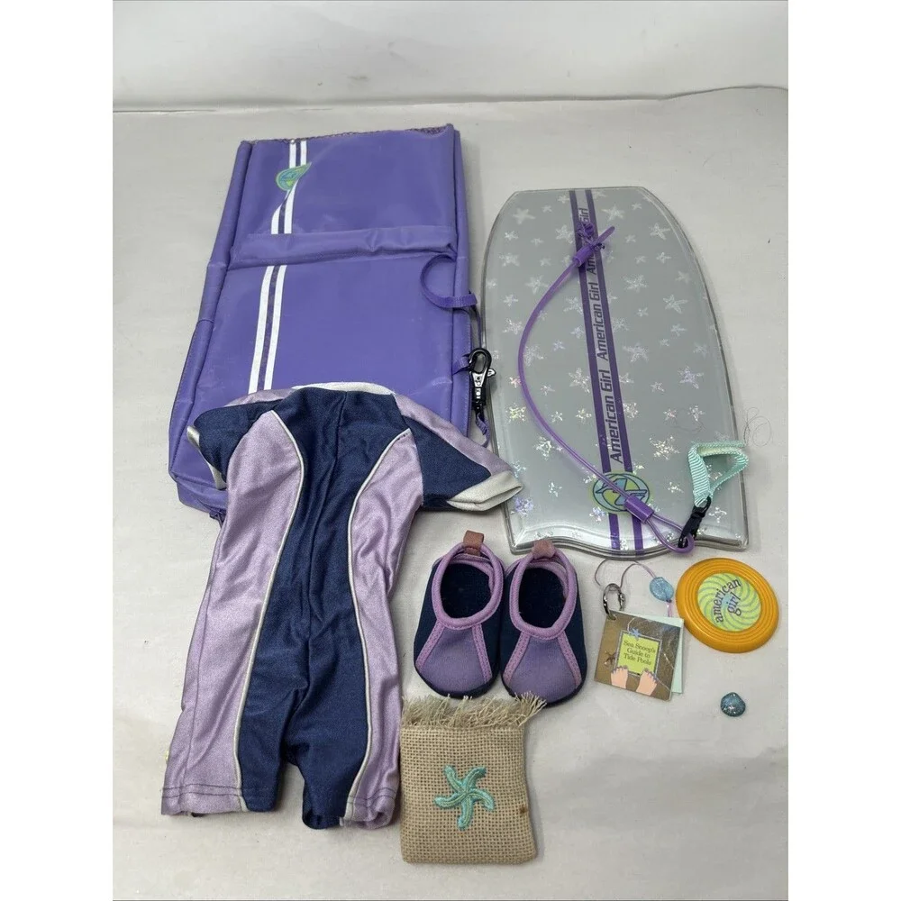 American Girl Kailey Doll Tote Bag Frisbee Boogie Board & Case Wetsuit Shoes